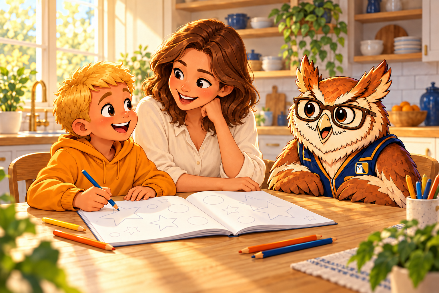 Illustration of Archie wearing his FowlSystems vest beside a parent and child coloring at a kitchen table.