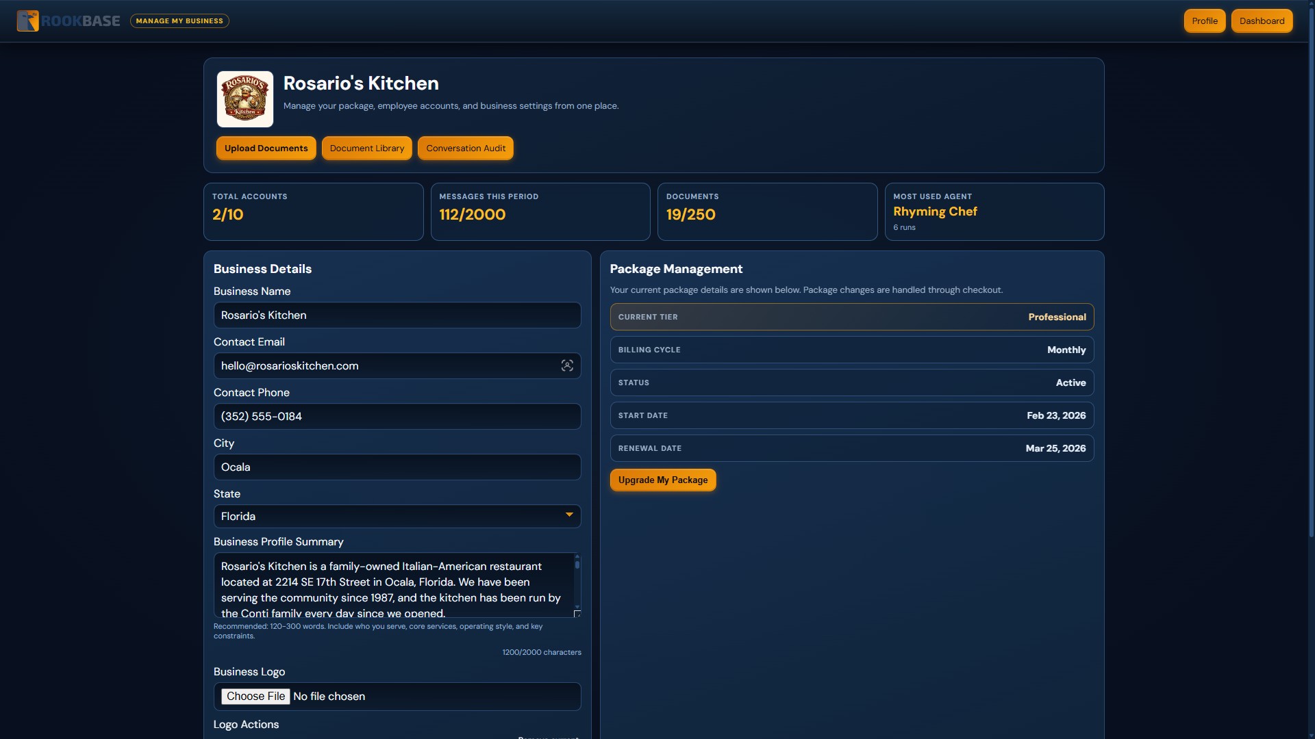 Business management dashboard