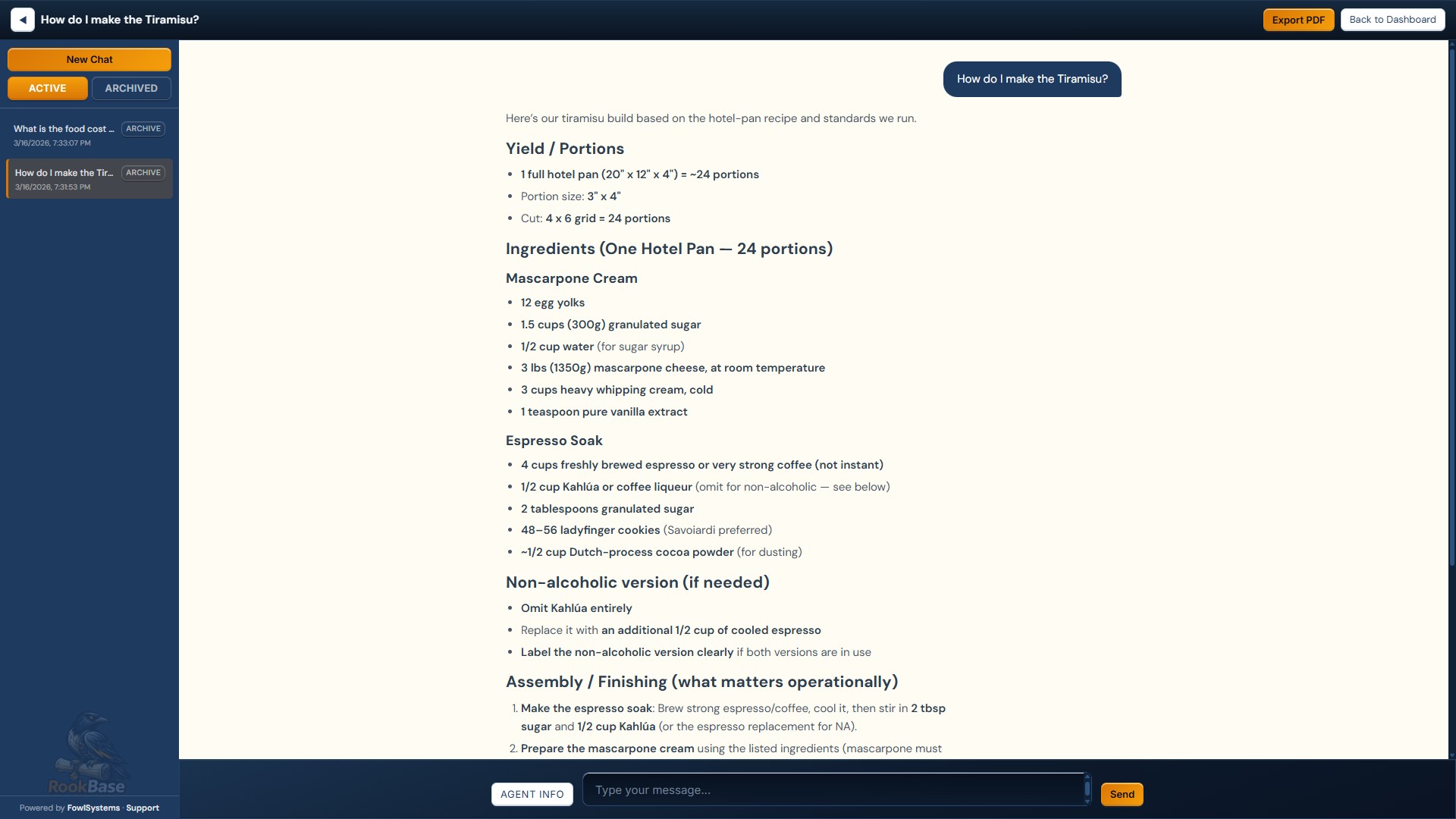 RookBase chat — Tiramisu recipe answer
