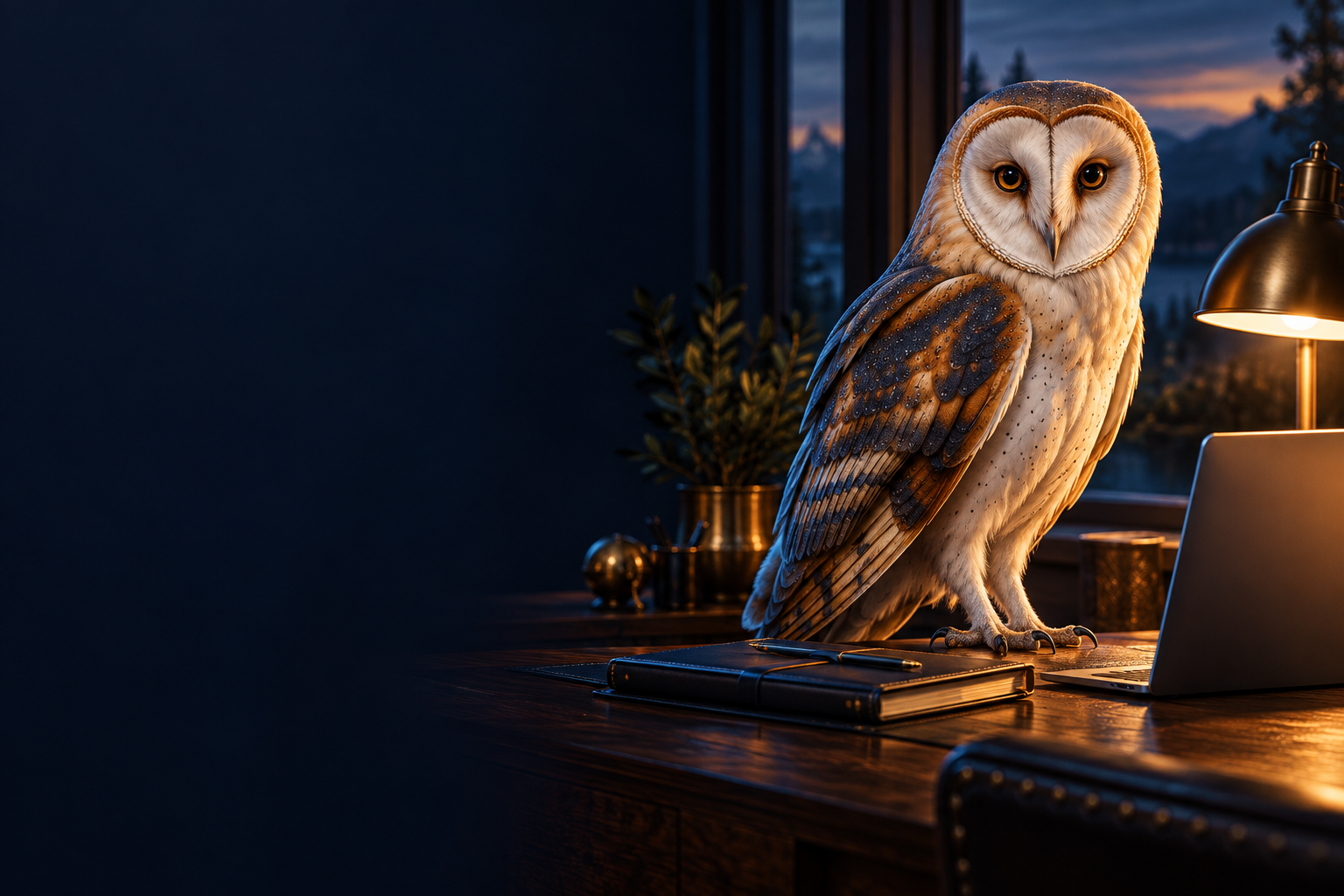 Cinematic illustration of a barn owl in a modern workspace lit with warm amber light.