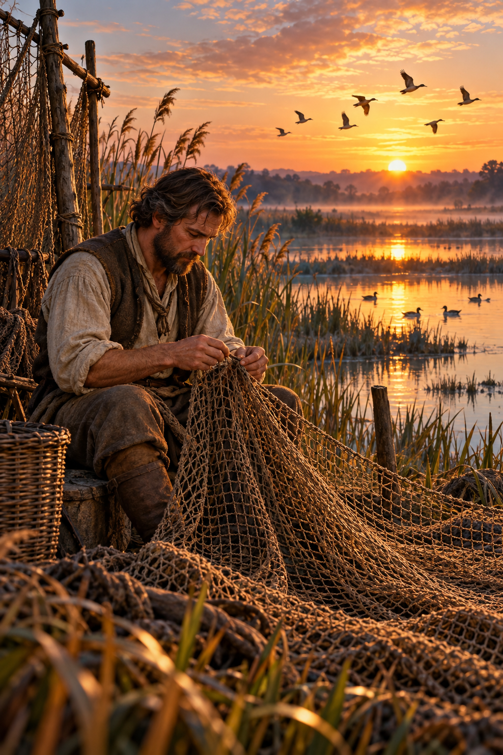 Historical illustration of a fowler tending a net beside a marsh at dawn, with birds on the water and in flight.