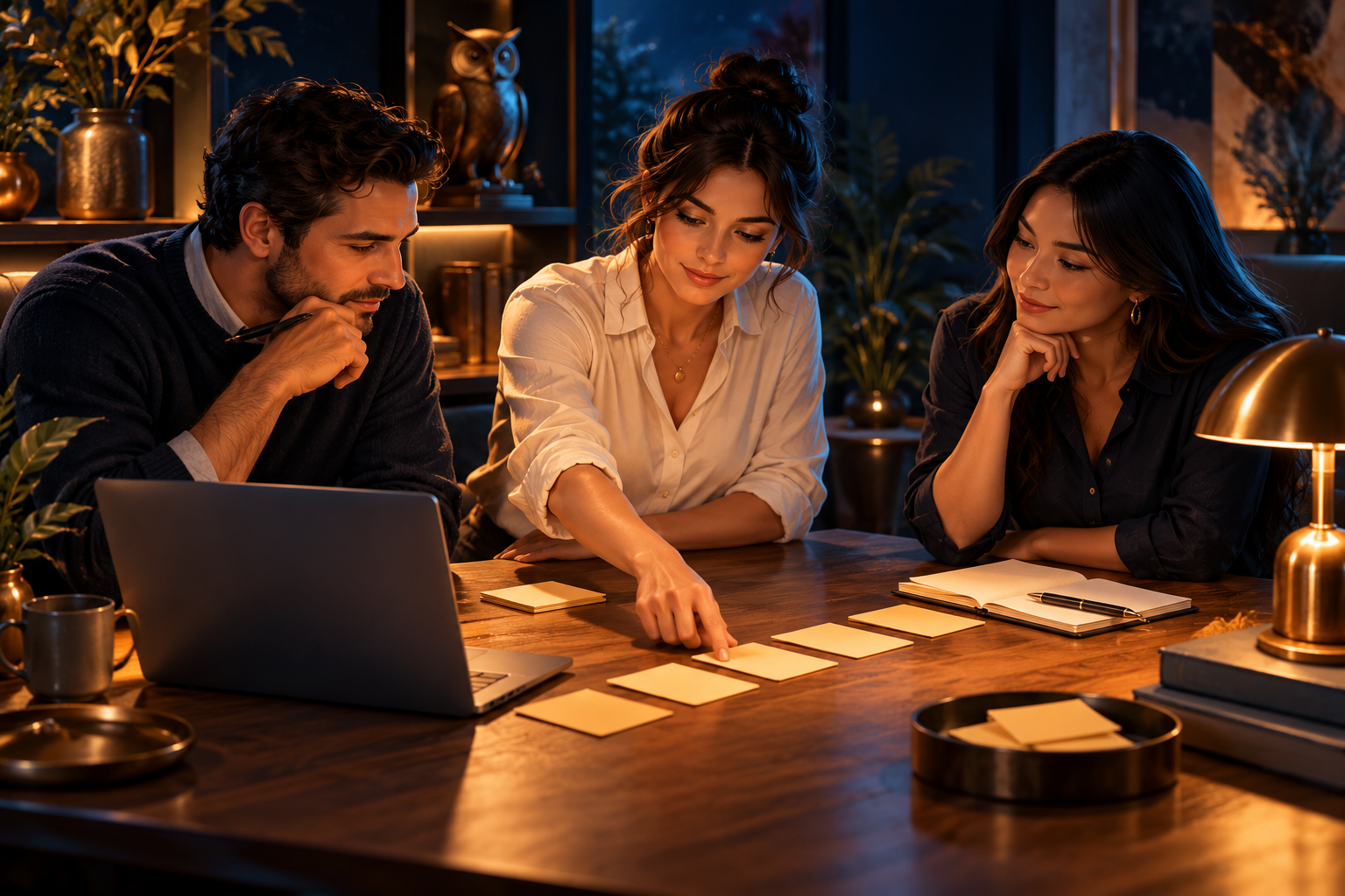 Illustration of three people planning a workflow together at a warmly lit worktable.